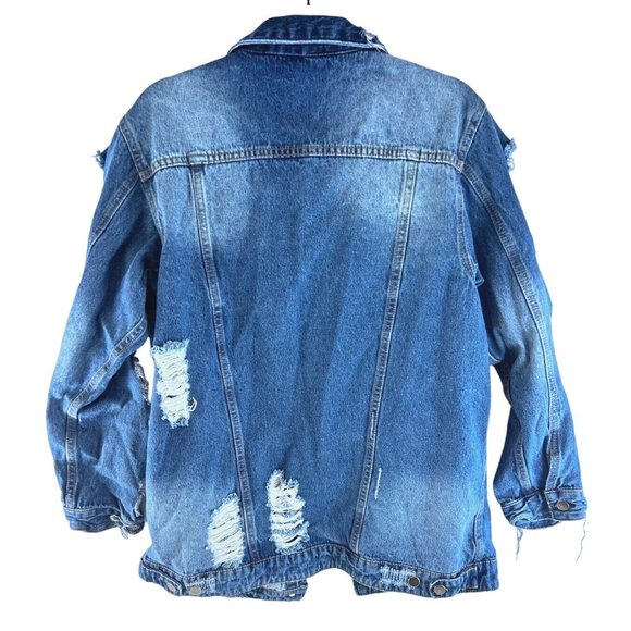 Akira Chicago Red Label Distressed Denim Jean Jacket Size Women’s Large - Picture 2 of 13
